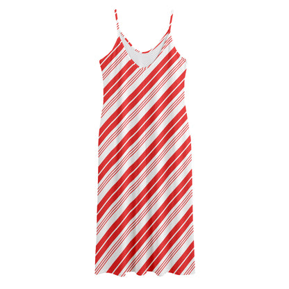 Red And White Candy Cane Stripe Print Jersey Midi Cami Dress