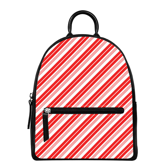 Red And White Candy Cane Stripe Print Leather Backpack
