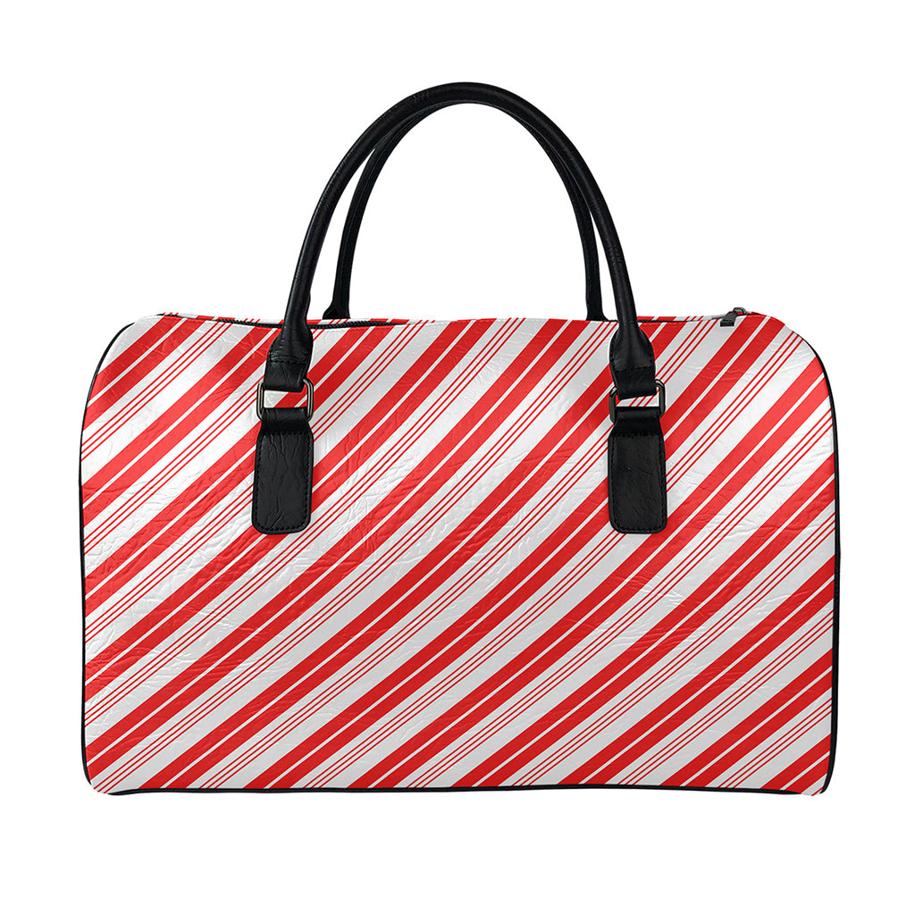 Red And White Candy Cane Stripe Print Leather Duffle Bag