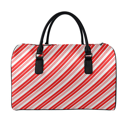Red And White Candy Cane Stripe Print Leather Duffle Bag