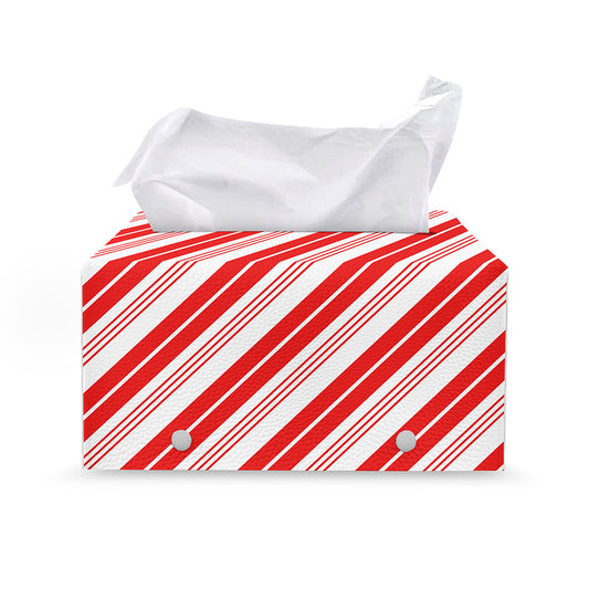 Red And White Candy Cane Stripe Print Leather Tissue Box Cover