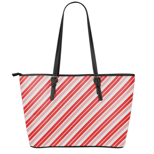 Red And White Candy Cane Stripe Print Leather Tote Bag