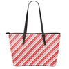 Red And White Candy Cane Stripe Print Leather Tote Bag