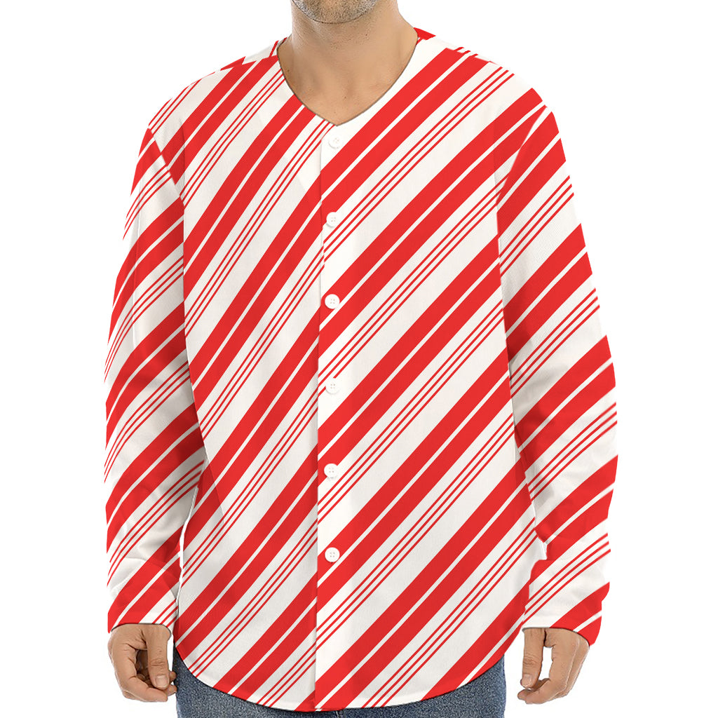 Red And White Candy Cane Stripe Print Long Sleeve Baseball Jersey