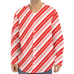 Red And White Candy Cane Stripe Print Long Sleeve Baseball Jersey