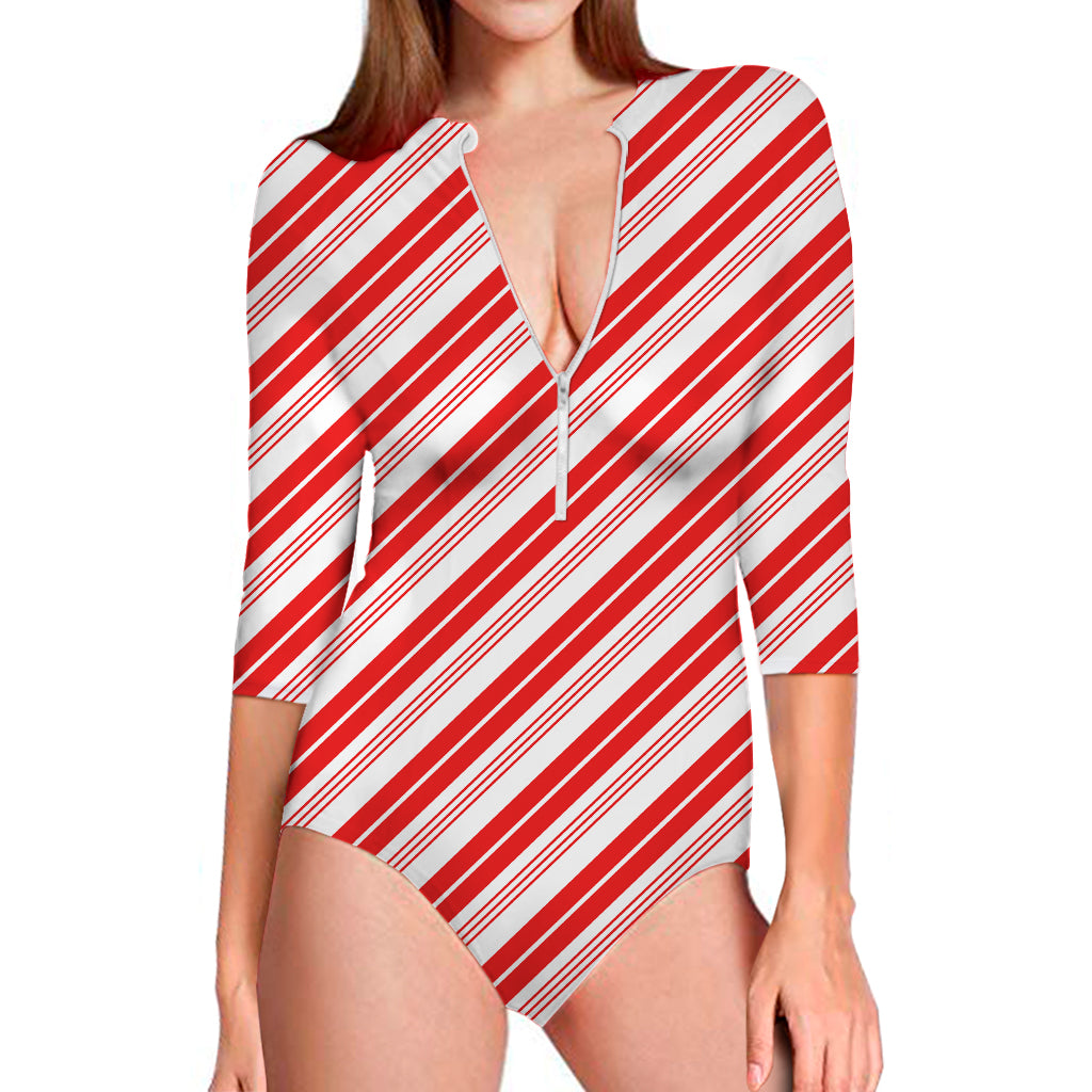 Red And White Candy Cane Stripe Print Long Sleeve Swimsuit