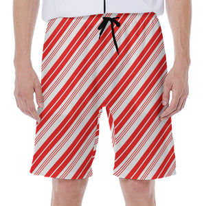 Red And White Candy Cane Stripe Print Men's Beach Shorts