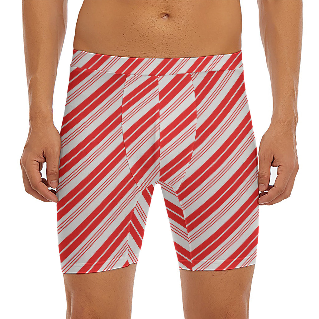 Red And White Candy Cane Stripe Print Men's Long Boxer Briefs
