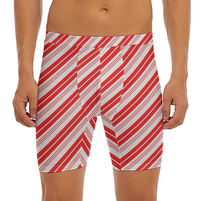 Red And White Candy Cane Stripe Print Men's Long Boxer Briefs