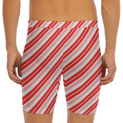 Red And White Candy Cane Stripe Print Men's Long Boxer Briefs