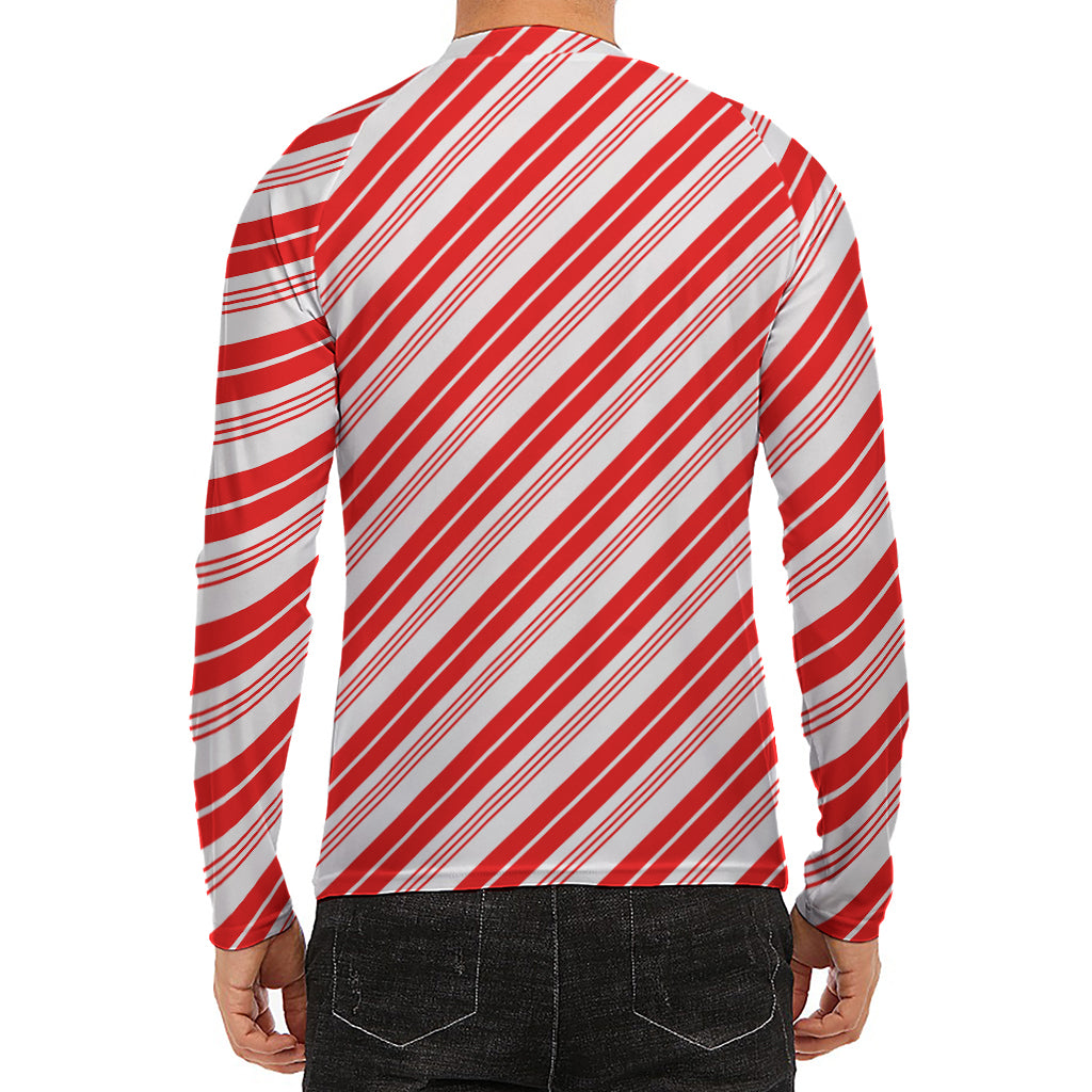 Red And White Candy Cane Stripe Print Men's Long Sleeve Rash Guard