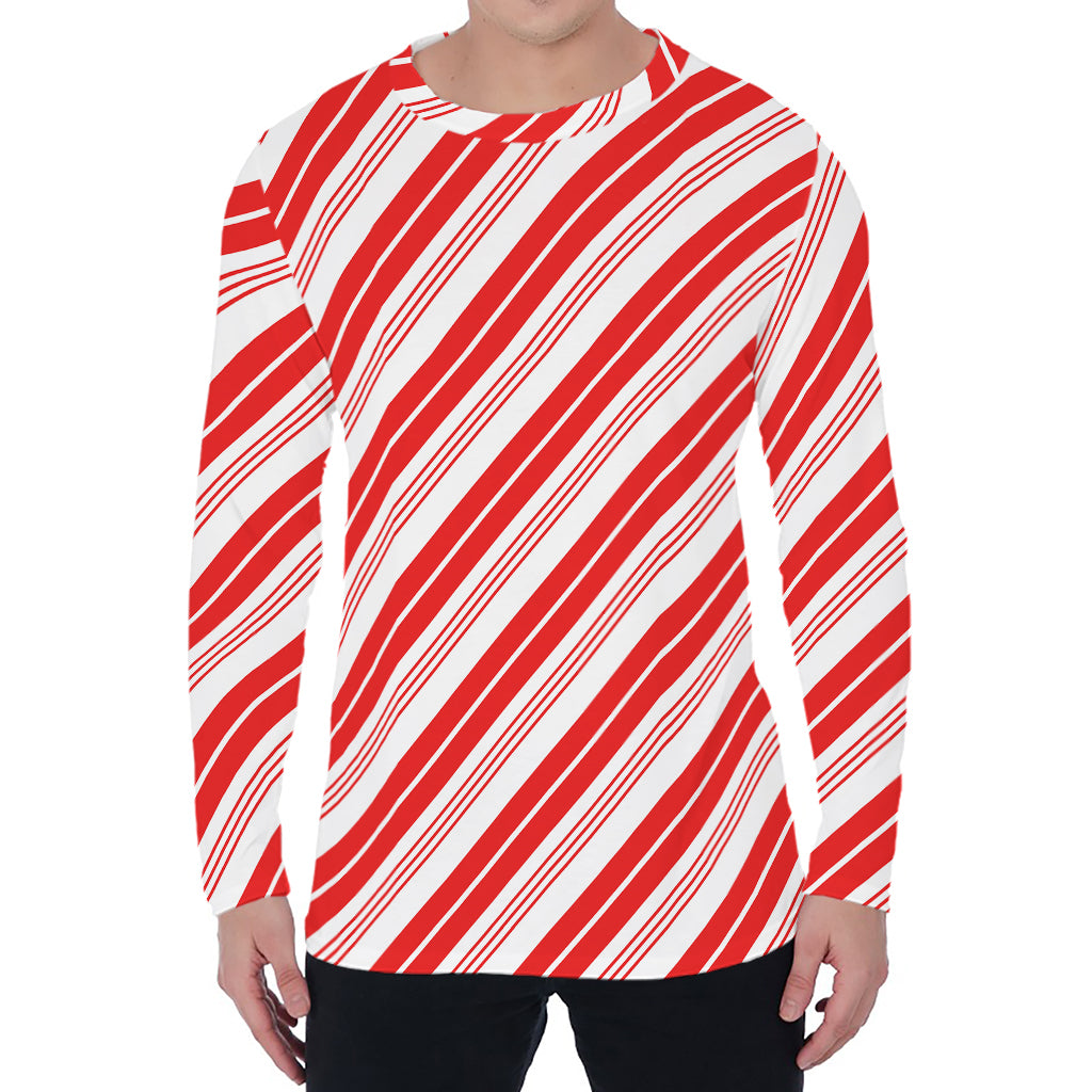 Red And White Candy Cane Stripe Print Men's Long Sleeve T-Shirt