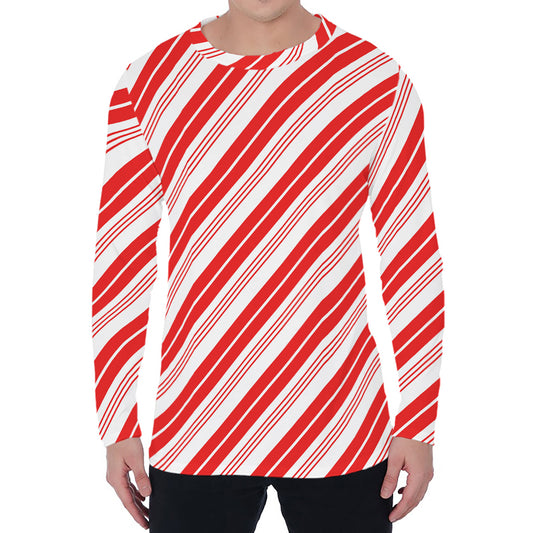 Red And White Candy Cane Stripe Print Men's Long Sleeve T-Shirt