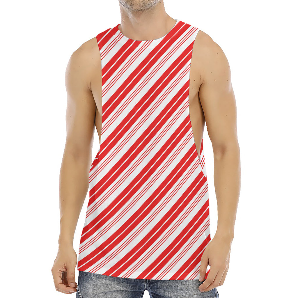 Red And White Candy Cane Stripe Print Men's Muscle Tank Top
