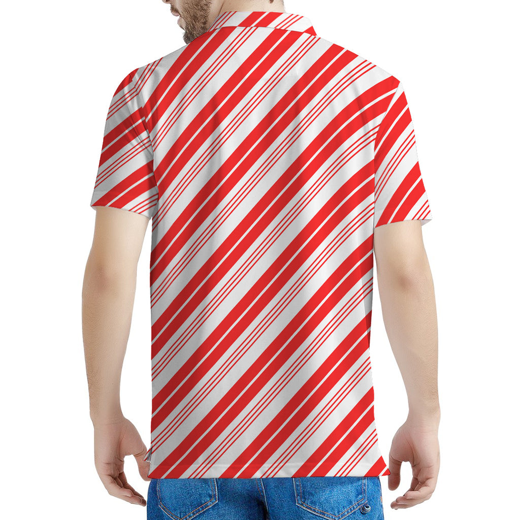 Red And White Candy Cane Stripe Print Men's Polo Shirt