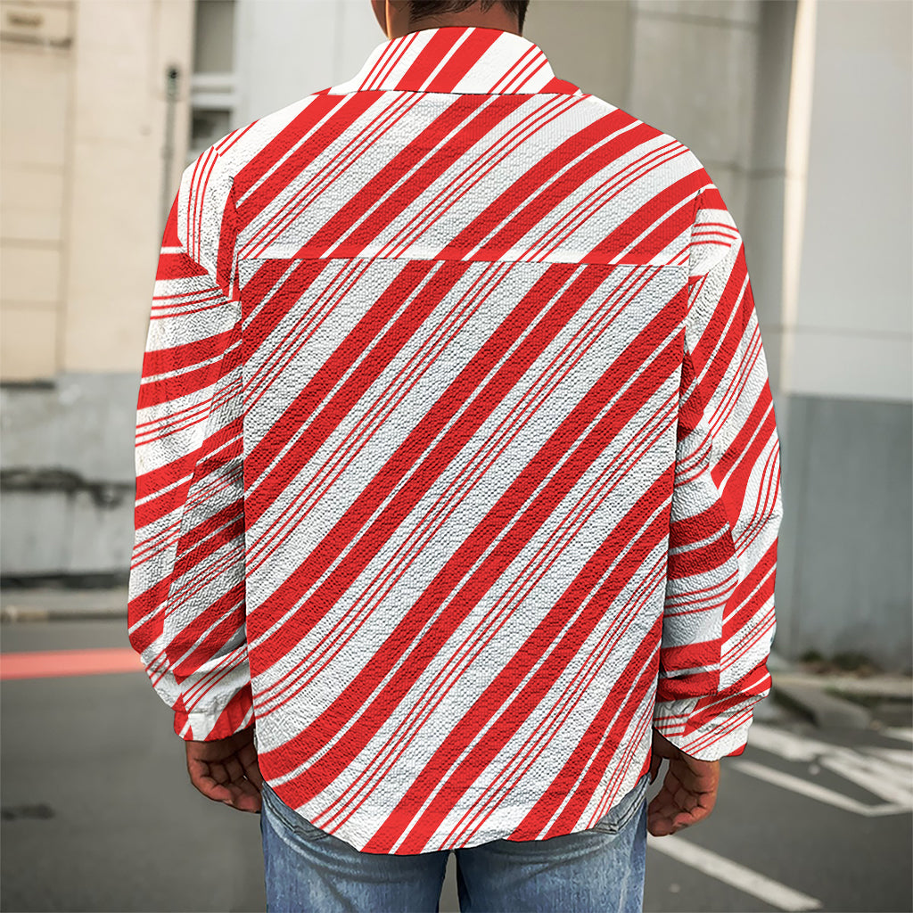 Red And White Candy Cane Stripe Print Men's Shirt Jacket