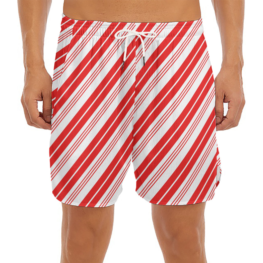 Red And White Candy Cane Stripe Print Men's Split Running Shorts