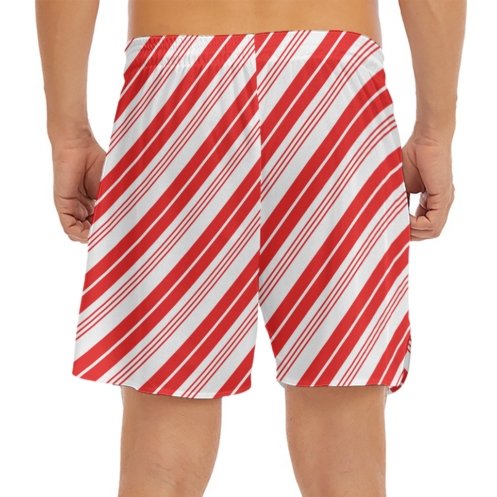Red And White Candy Cane Stripe Print Men's Split Running Shorts