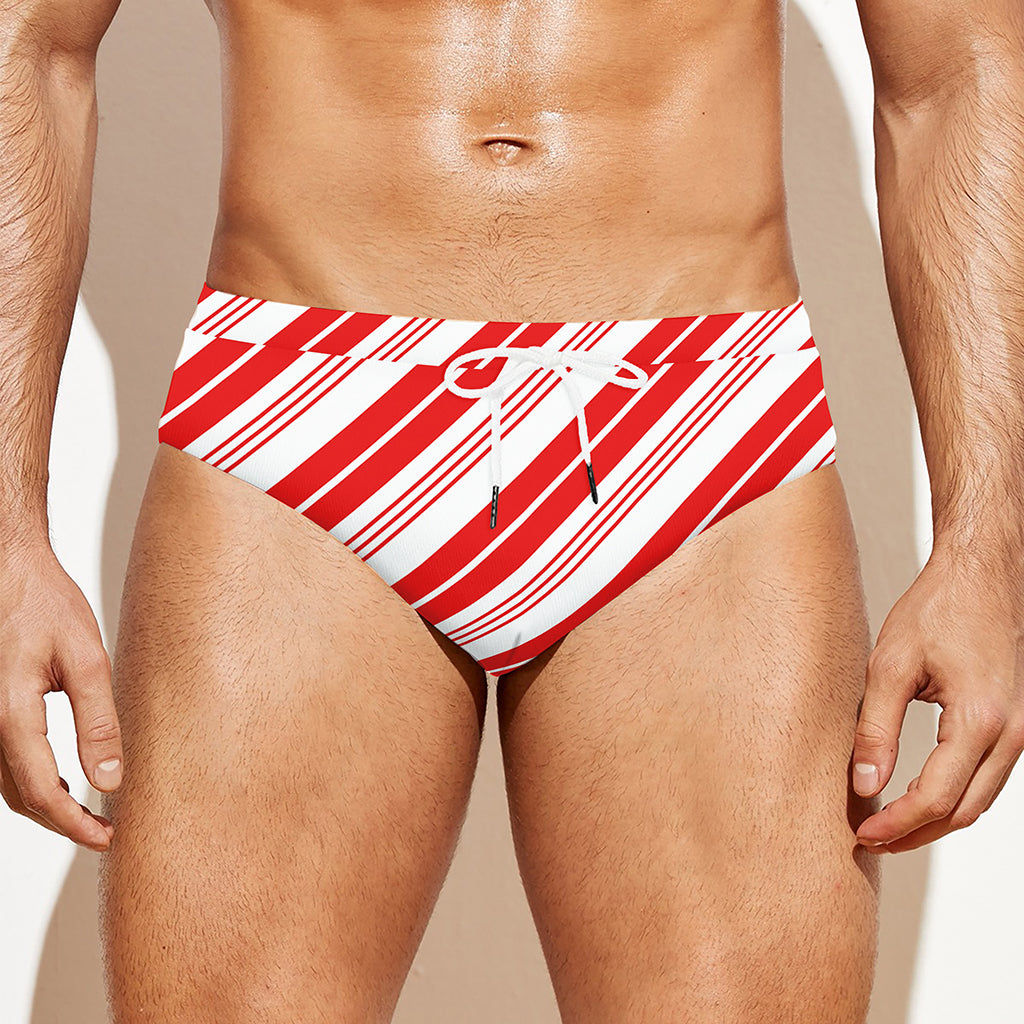 Red And White Candy Cane Stripe Print Men's Swim Briefs