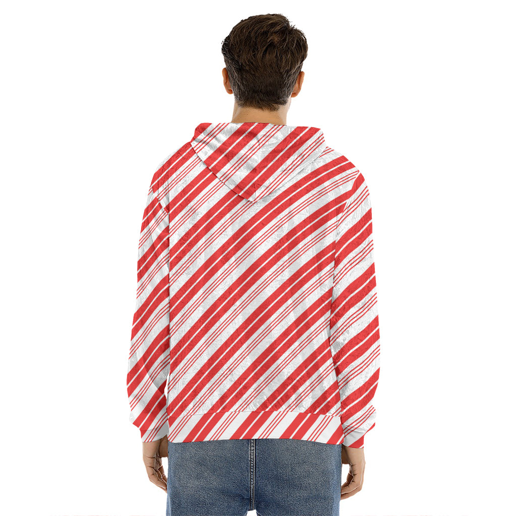 Red And White Candy Cane Stripe Print Men's Velvet Pullover Hoodie