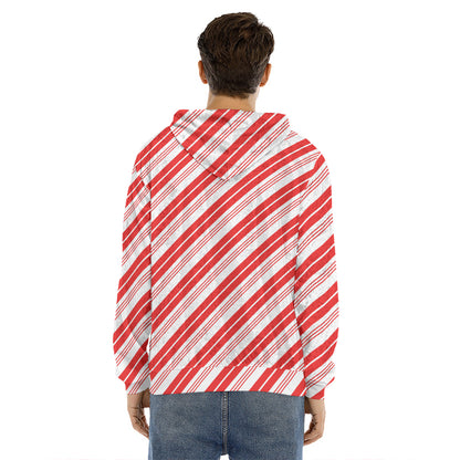 Red And White Candy Cane Stripe Print Men's Velvet Pullover Hoodie