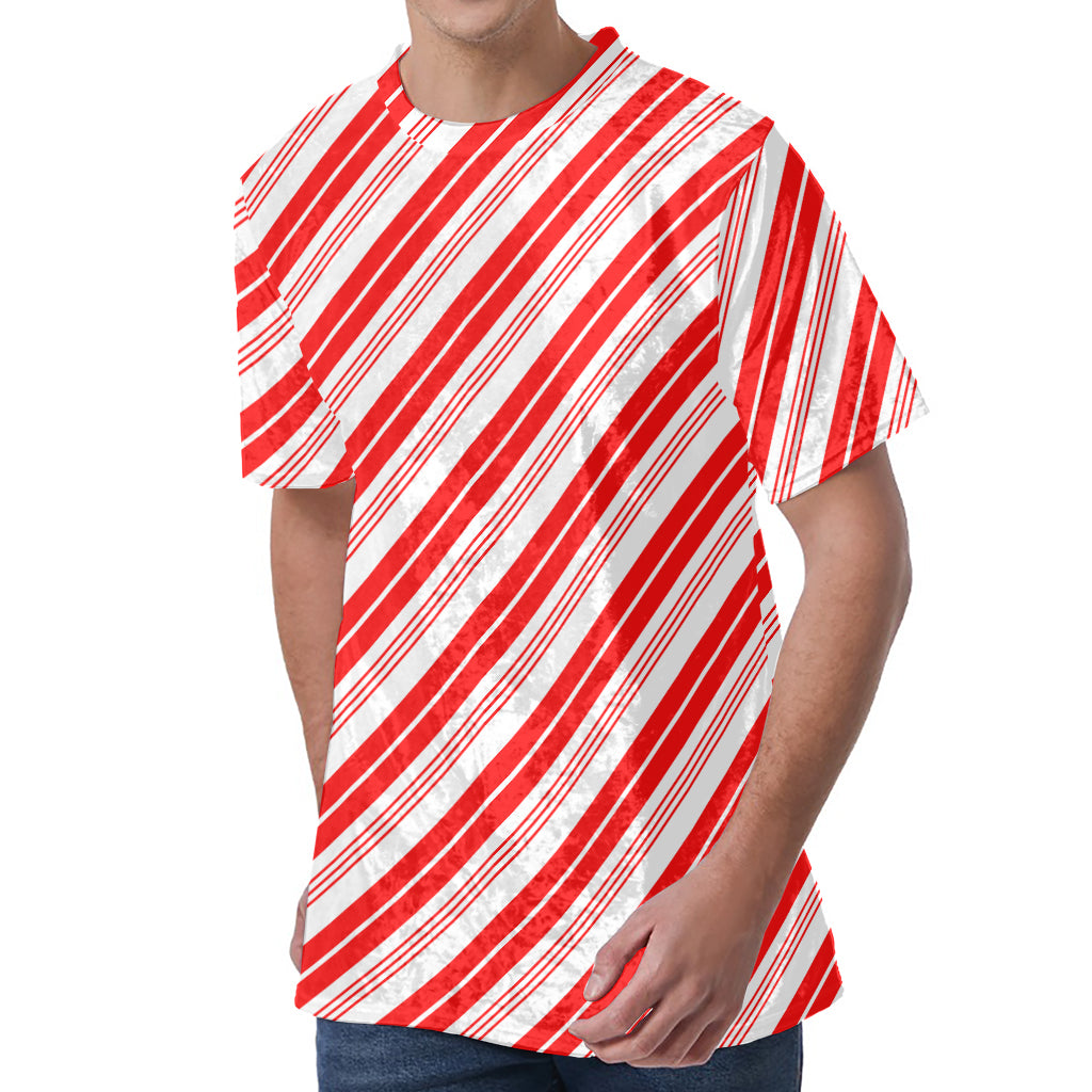 Red And White Candy Cane Stripe Print Men's Velvet T-Shirt