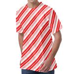 Red And White Candy Cane Stripe Print Men's Velvet T-Shirt