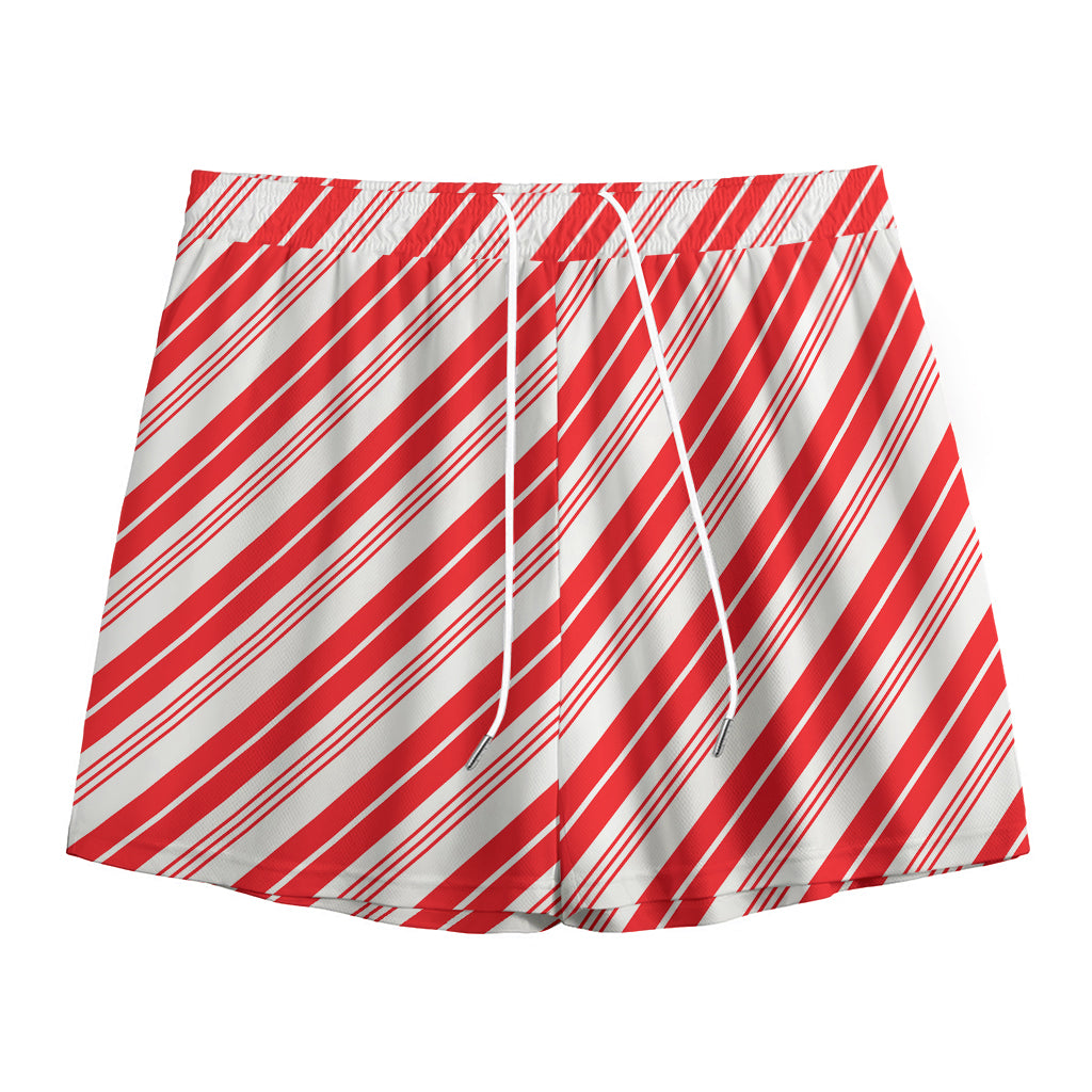 Red And White Candy Cane Stripe Print Mesh Shorts