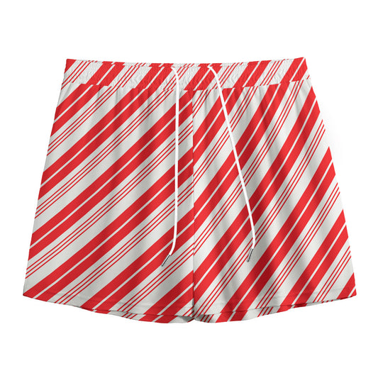 Red And White Candy Cane Stripe Print Mesh Shorts