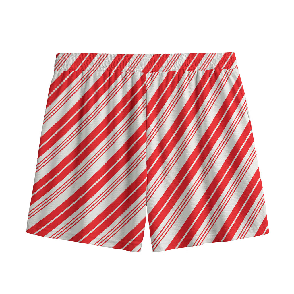 Red And White Candy Cane Stripe Print Mesh Shorts