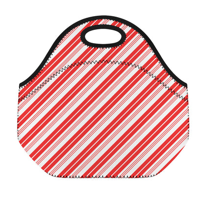Red And White Candy Cane Stripe Print Neoprene Lunch Bag