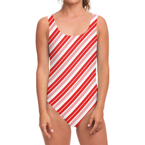 Red And White Candy Cane Stripe Print One Piece Swimsuit