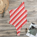 Red And White Candy Cane Stripe Print One Shoulder Bodysuit
