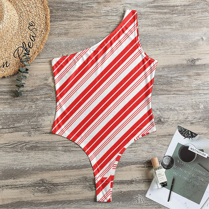 Red And White Candy Cane Stripe Print One Shoulder Bodysuit