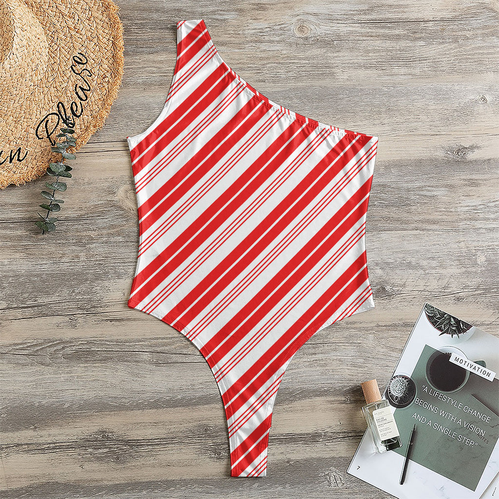 Red And White Candy Cane Stripe Print One Shoulder Bodysuit