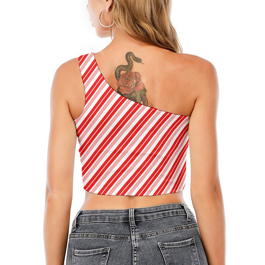 Red And White Candy Cane Stripe Print One Shoulder Crop Top