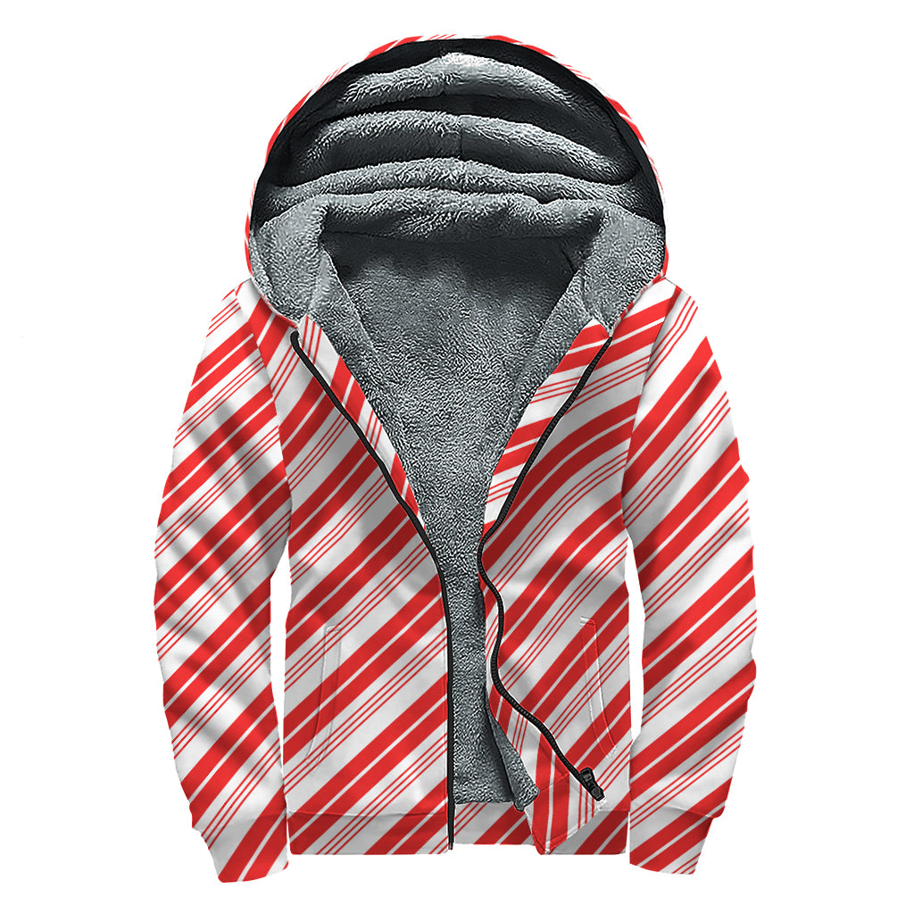 Red And White Candy Cane Stripe Print Sherpa Lined Zip Up Hoodie