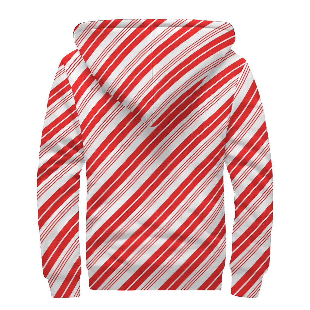 Red And White Candy Cane Stripe Print Sherpa Lined Zip Up Hoodie