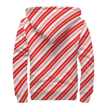 Red And White Candy Cane Stripe Print Sherpa Lined Zip Up Hoodie