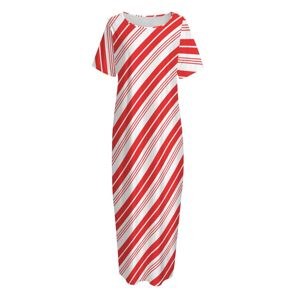 Red And White Candy Cane Stripe Print Short Sleeve Long Nightdress