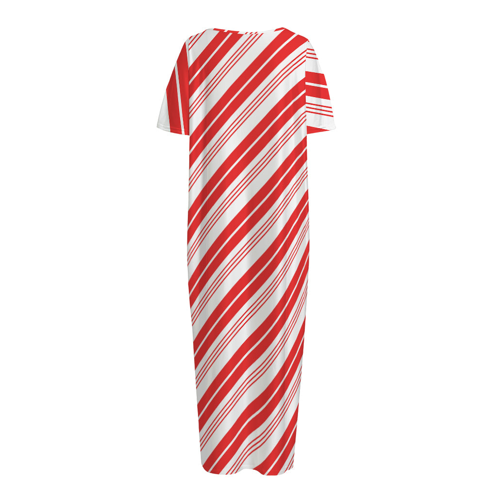 Red And White Candy Cane Stripe Print Short Sleeve Long Nightdress