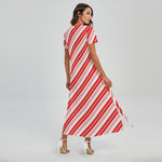 Red And White Candy Cane Stripe Print Short Sleeve Maxi Dress