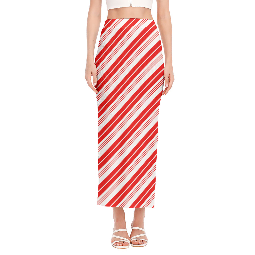 Red And White Candy Cane Stripe Print Side Slit Maxi Skirt