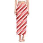 Red And White Candy Cane Stripe Print Side Slit Maxi Skirt