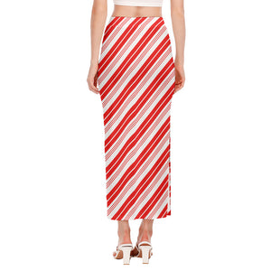 Red And White Candy Cane Stripe Print Side Slit Maxi Skirt