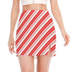 Red And White Candy Cane Stripe Print Side Slit Mini Skirt