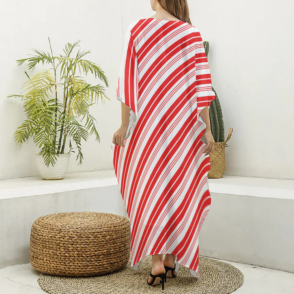 Red And White Candy Cane Stripe Print Silk V-Neck Kaftan Dress
