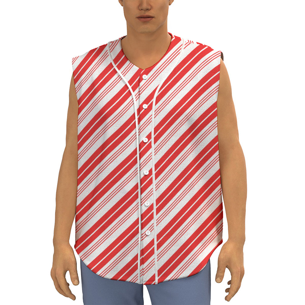 Red And White Candy Cane Stripe Print Sleeveless Baseball Jersey