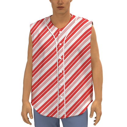Red And White Candy Cane Stripe Print Sleeveless Baseball Jersey