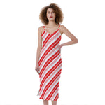 Red And White Candy Cane Stripe Print Slim Fit Midi Cami Dress